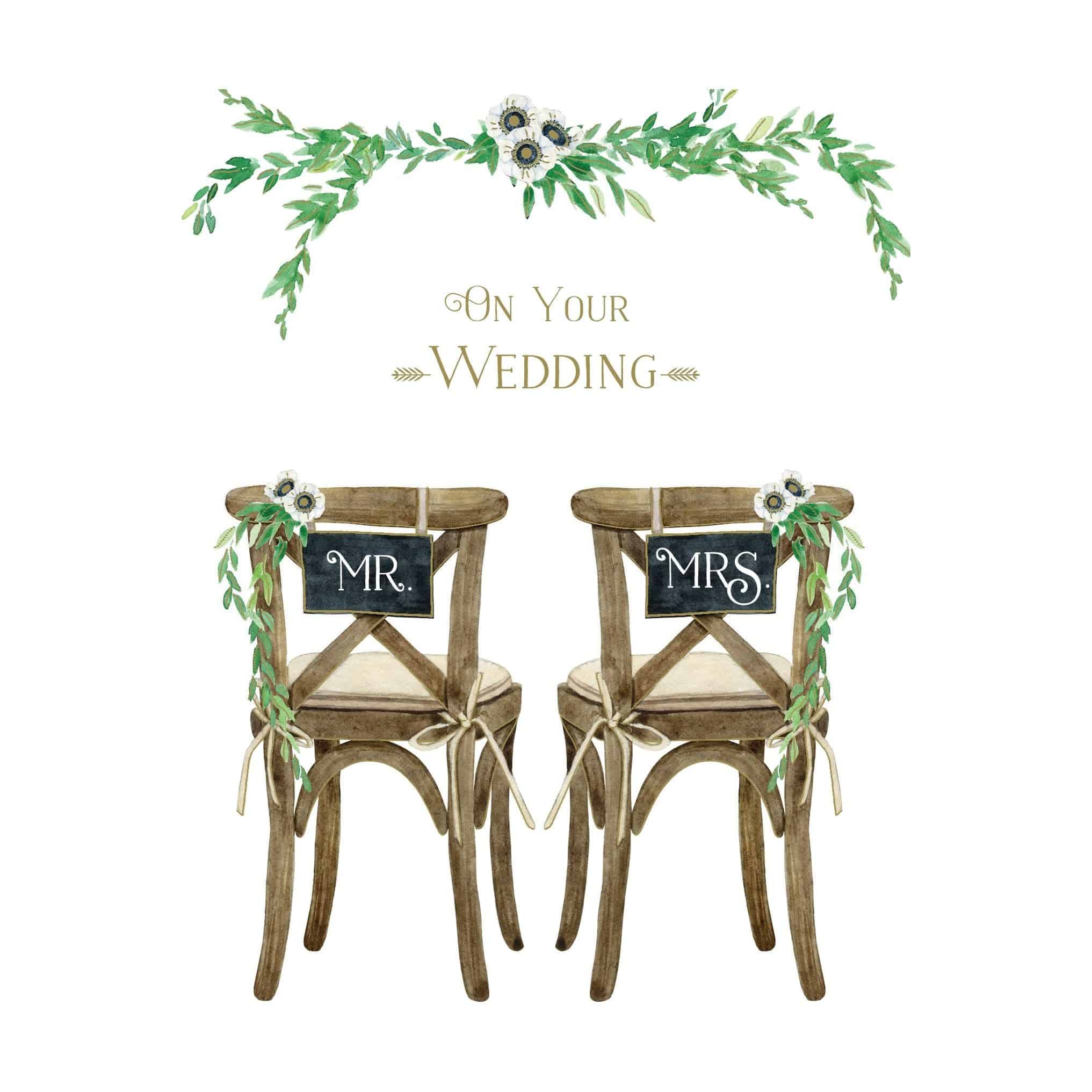 Pair of Pictura wedding card chairs, featuring elegant design and detailed artwork, suitable for special occasion greetings.